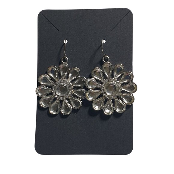 Silver Flower Drop Earrings Round Crystal Design Hook Elegant Jewelry Gift Party - Picture 1 of 4